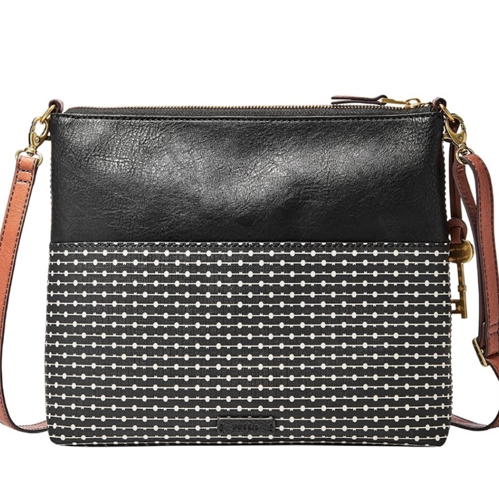 FOSSIL Fiona Large Vegan Faux Leather Crossbody Bag in black and White